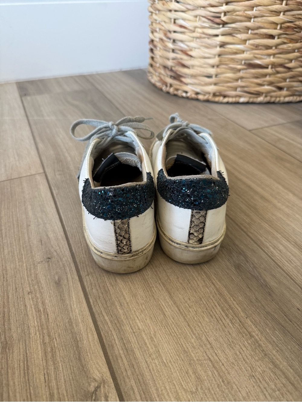 Golden Goose White Sneakers with Black Star and Teal Glitter Heel - Picture 5 of 5